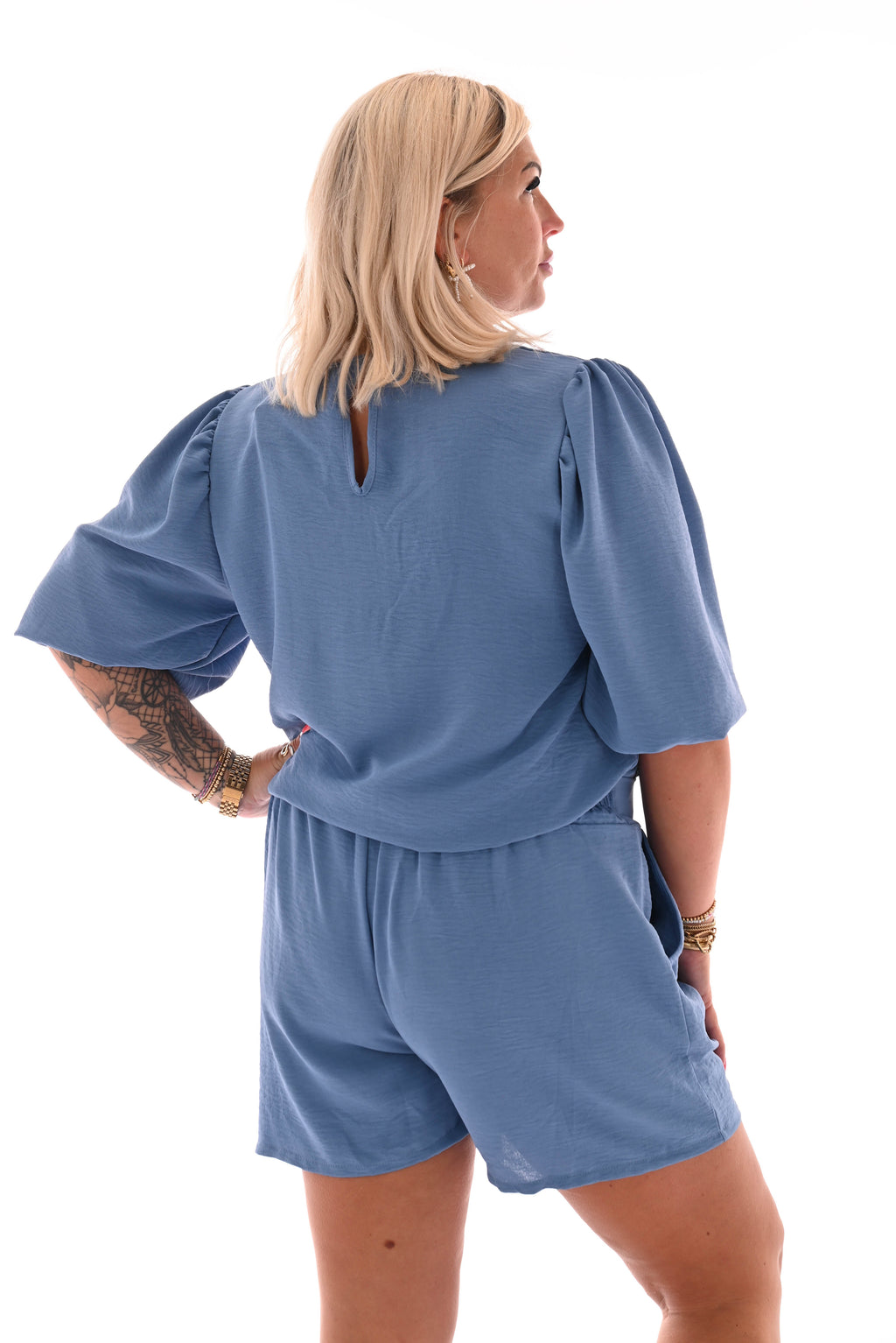 Tvådelat set med shorts & puffärmar | Jeansblå